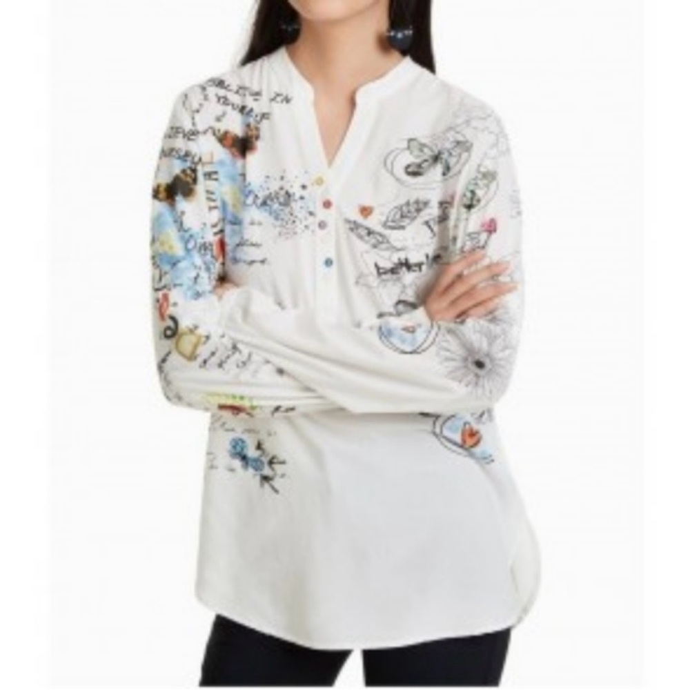 Desiguel abstract art white long sleeve blouse.